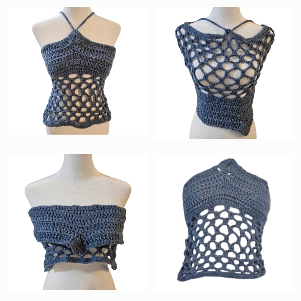 Handmade 4 ways Crochet Summer Top One-of-a-kind Blue Fishnet Bikini Crop-Top - Picture 4 of 17